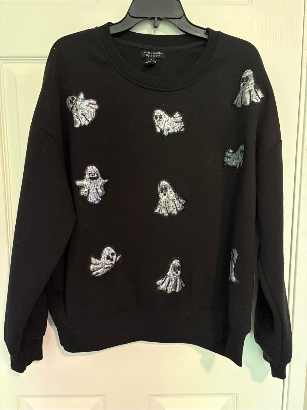 Black Crewneck Sweater with Silver Ghost Appliqués - Women